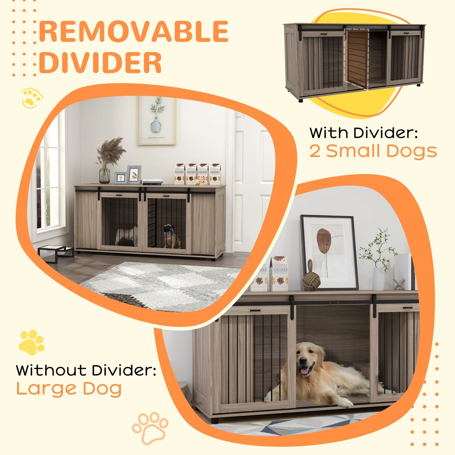 71" Dog Crate Furniture with Removable Divider for 2 Small Dogs or 1 Large Dog, Dog Kennel Furniture with Storage, Double Doors